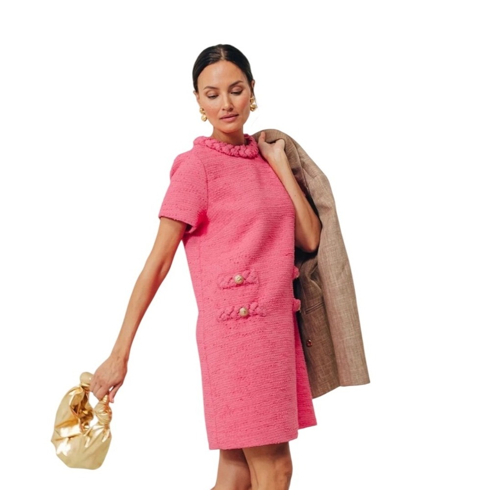 Pink Tweed Braided Neckline Shift Dress Gold Crest Buttons Unbranded Small